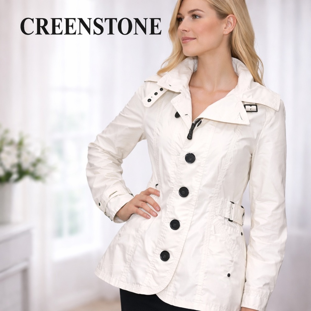 Creenstone Ivory Trench Coat Belted Button Jacket Designer Raincoat